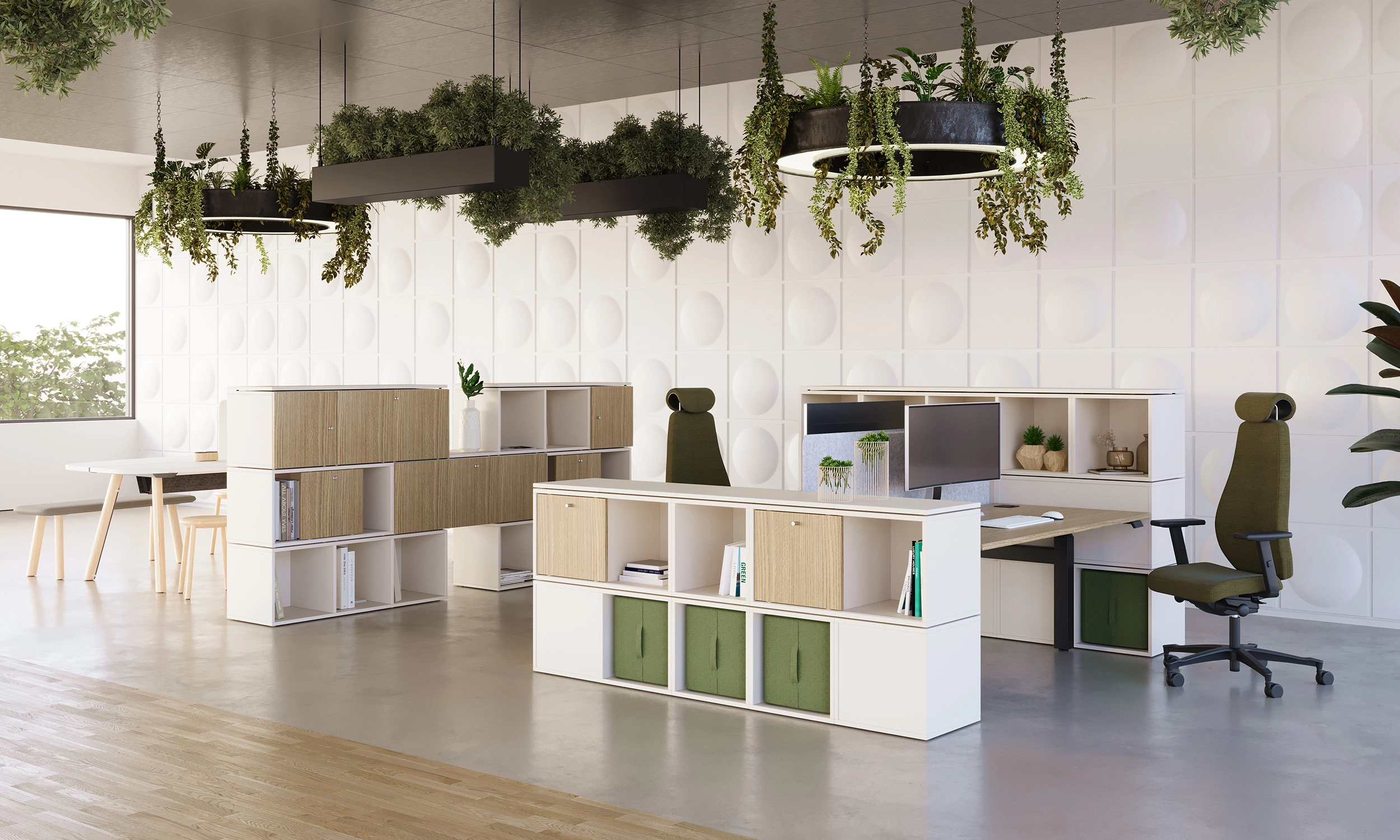 desking, tables, storage and biophila, showing how a modern office can operate